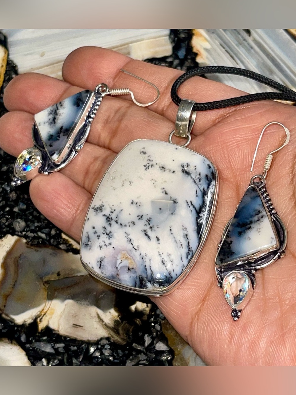 Dendritic Agate Crystal Pendant & Earrings Set
